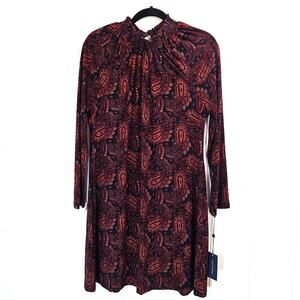 NWT Tommy Hilfiger Paisley Mock Neck Sheath Dress Black Red Stretch 14